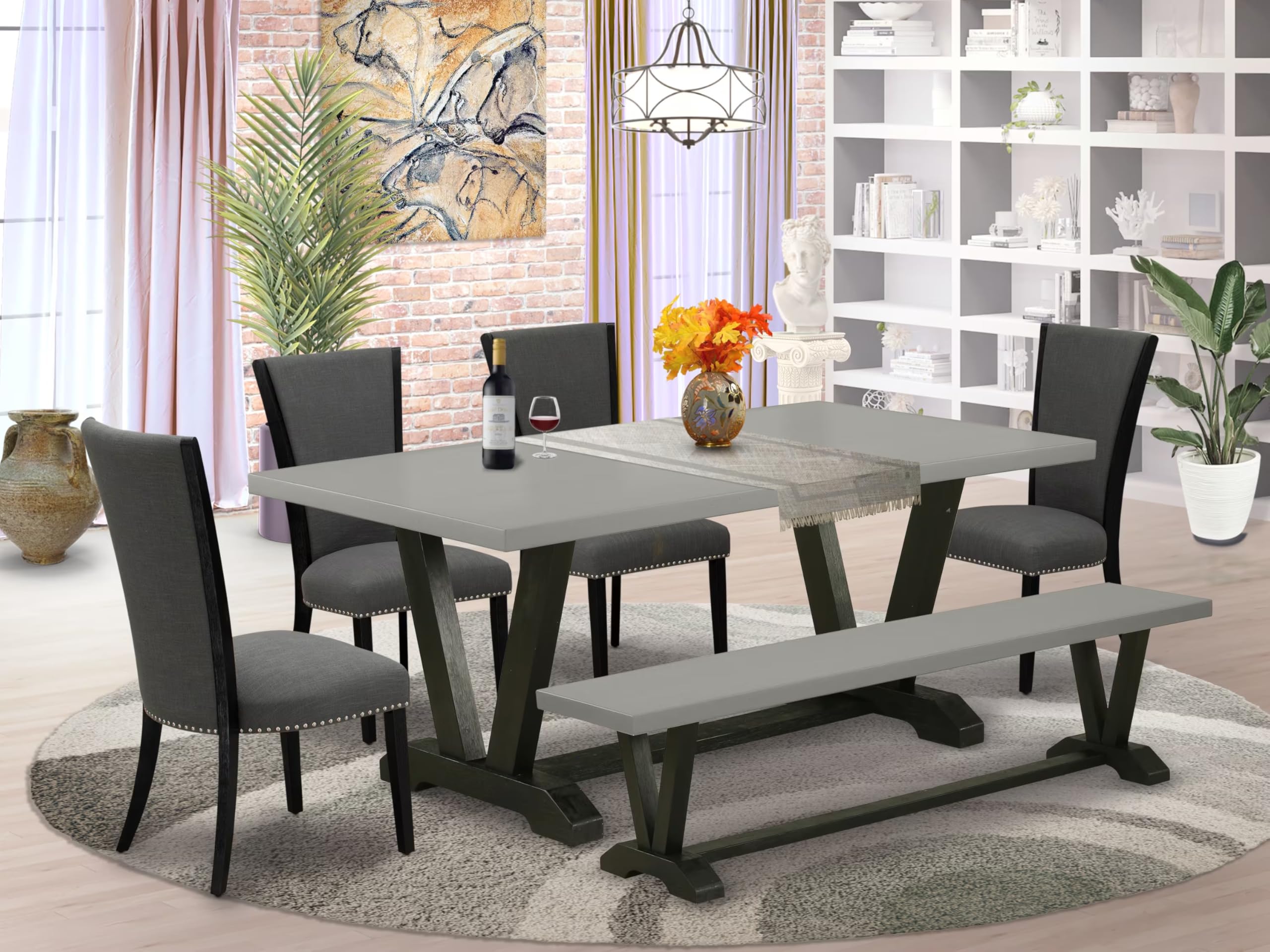 East West Furniture V697VE650-6 6 Piece Dining Table Set Contains a Rectangle Dining Room Table and 4 Dark Gotham Linen Fabric Parson Chairs with a Bench, 40x72 Inch, Multi-Color